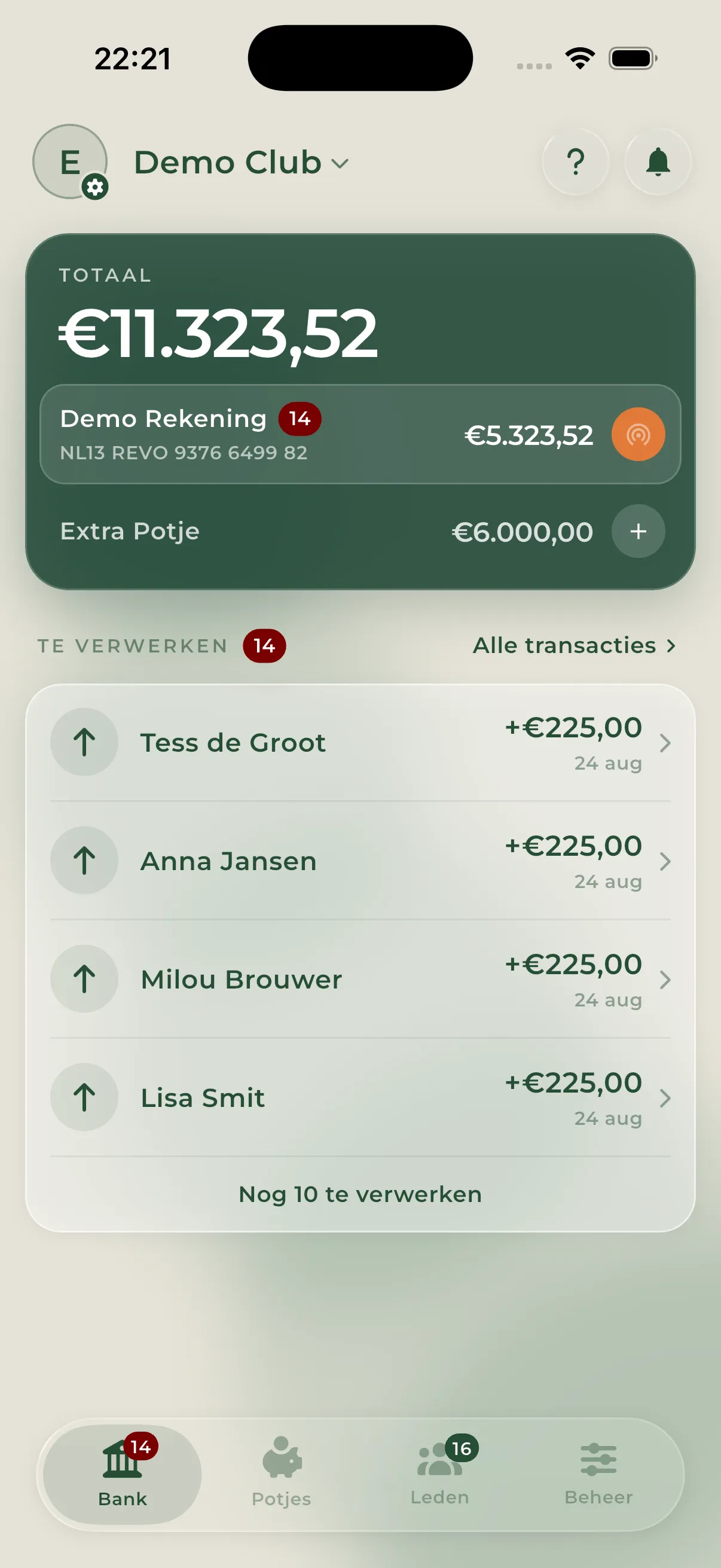 Bank-tab met het totaalsaldo en de transacties die nog verwerkt moeten worden